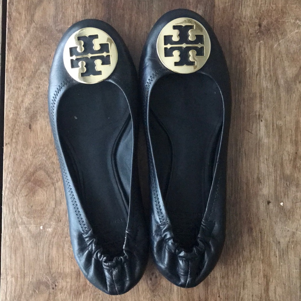 Tory Burch black flats with gold logo